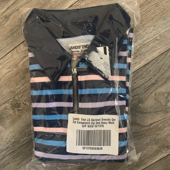 NWT LANDS' END LONG SLEEVE QUARTER ZIP SWEATSHIRT DEEP SEA NAVY MULTI STRIPE S/P - Picture 3 of 5